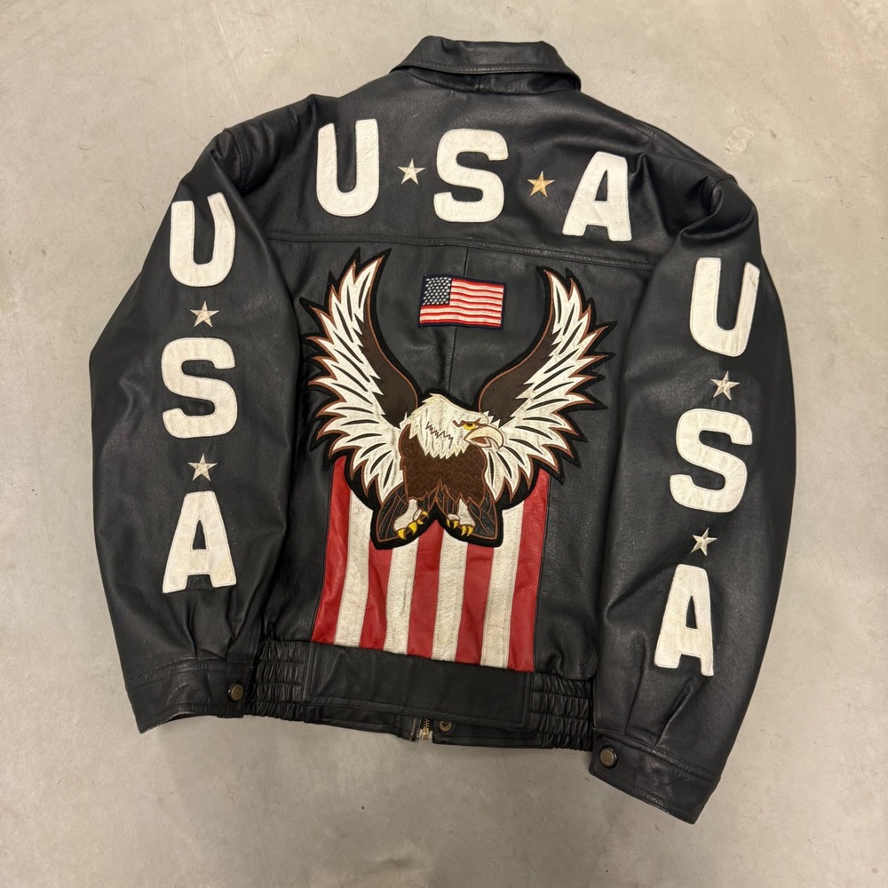 Vintage USA Eagle Flag Leather Bomber Jacket Mens XL Black Patriotic Biker Coat